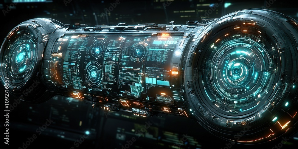 Poster futuristic spacecraft design featuring advanced technology and illuminated components set in a high-