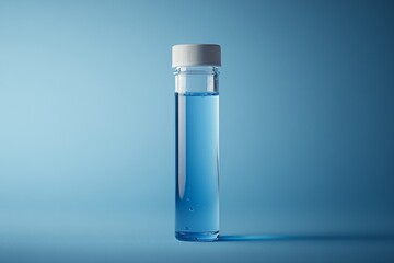 Laboratory glassware containing blue liquid stands on a blue background, creating a scientific and research-oriented image
