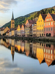 Fototapeta premium Picturesque European town with colorful buildings reflecting on the calm river under a soft sunrise sky. 