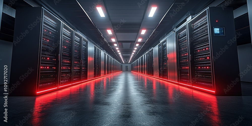 Poster modern server room with illuminated racks and a sleek design for efficient data storage and processi