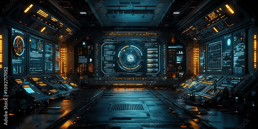 Poster futuristic control room with advanced technology and glowing screens at an unknown location
