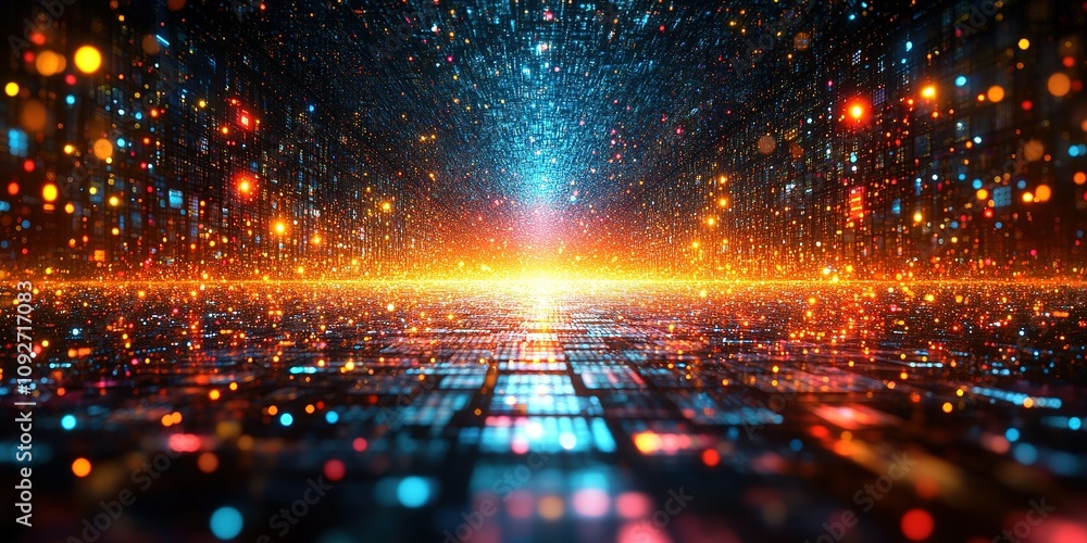 Poster colorful abstract representation of digital technology and data flow in a futuristic setting with gl