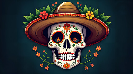 Dia de Los Muertos Skull with Flowers and Sombrero