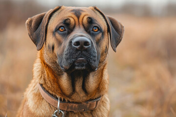 Fototapeta premium Boerboel dog wearing collar posing outdoors in nature reserve