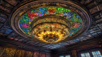 Obraz premium A beautifully ornate ceiling featuring a colorful stained glass chandelier.