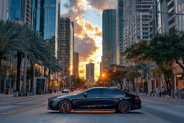 Fototapeta premium Modern black luxury car with skyscrapers and palm trees