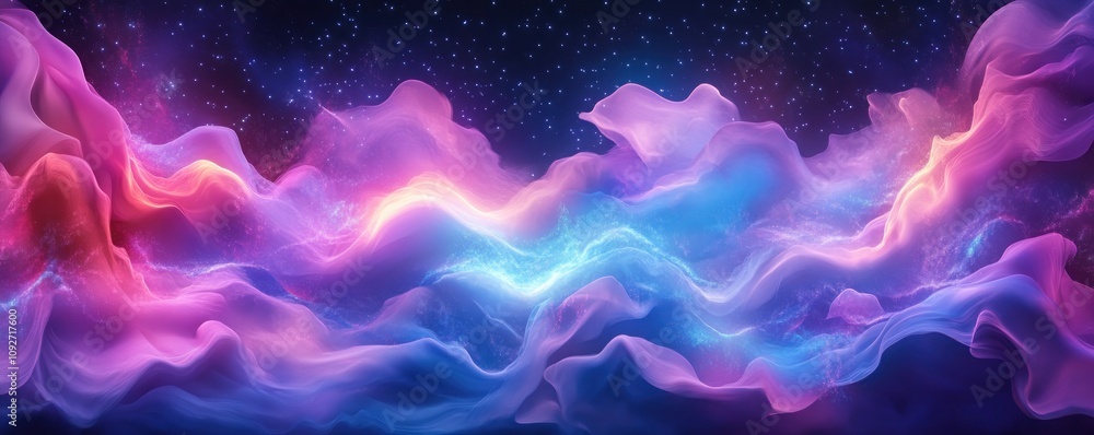 Poster a mesmerizing digital artwork depicting a dynamic display of fireworks forming an aurora-like wave, 