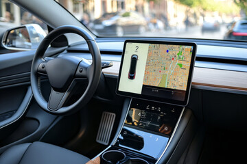 Modern electric vehicle interior showing navigation system on dashboard screen, parked on suburban street
