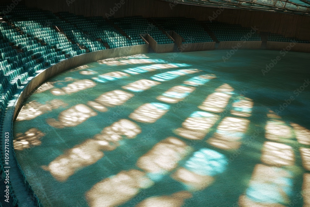 Poster an empty sports arena with sunlight patterns on the floor and seating areas.