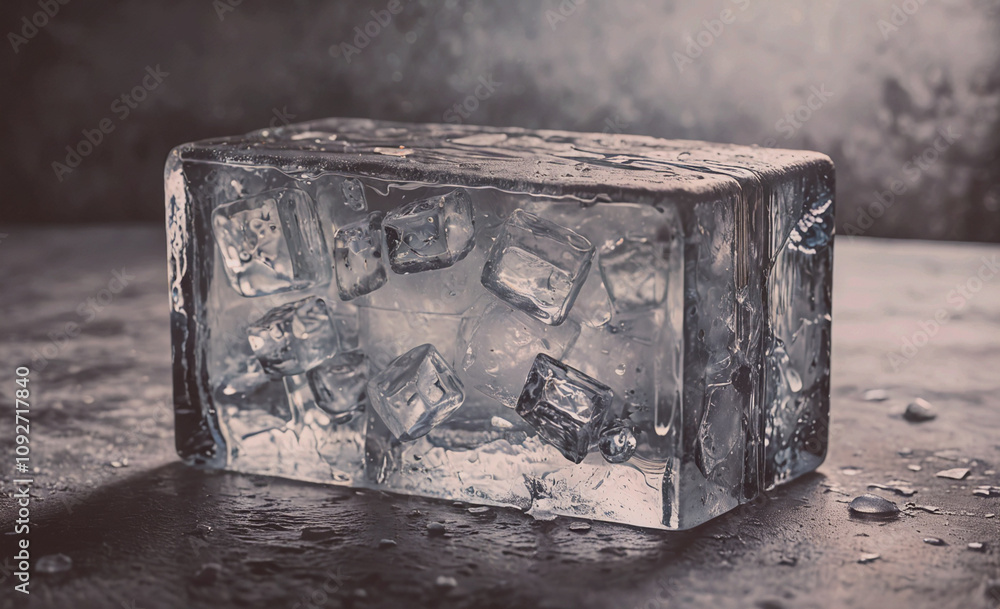 Poster block of ice with a few cubes on top. the ice is melting and dripping water. the water is on a table