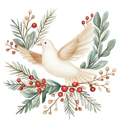 Watercolor illustration of a white dove in flight surrounded by winter botanicals, perfect for Christmas or holiday designs.