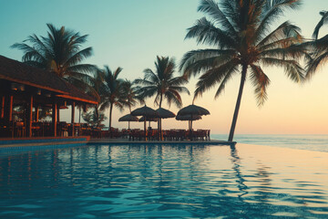 Serene beachfront view with palm trees, a pool, and dining area at sunset.