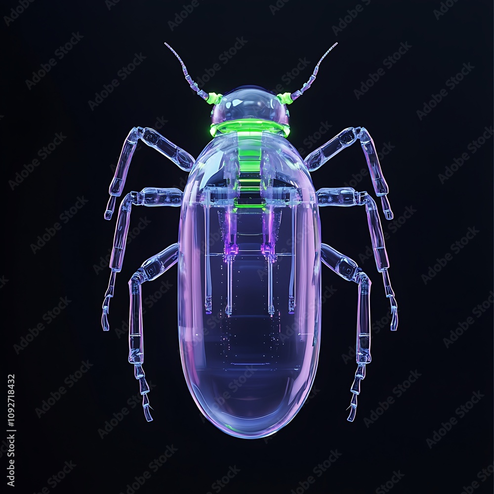 Poster 3d render of a colorful beetle with transparent body and neon accents against a black background sho