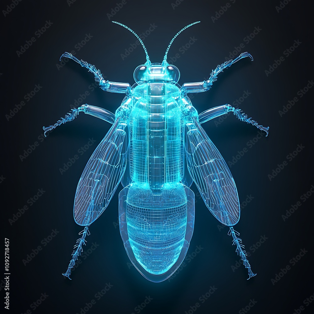 Poster a stunning neon blue 3d visualization of a bee in a high-tech futuristic style on a dark background 