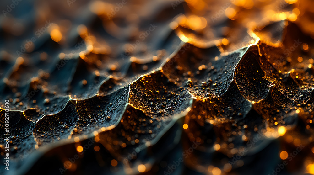 Poster close-up view reveals a shimmering surface of small triangular and polygon gold facets, illuminated 