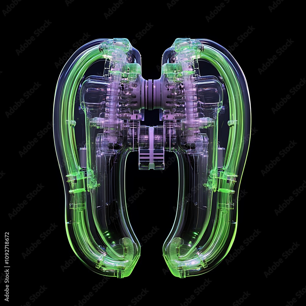 Poster abstract 3d rendering of a futuristic mechanical structure with neon green highlights and intricate 