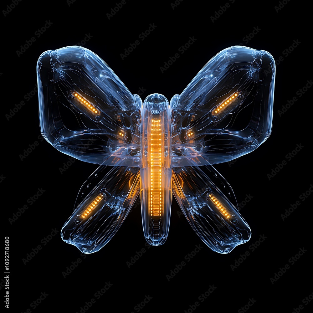 Poster Abstract Butterfly Design with Glowing Elements, Featuring a Transparent Structure and Illuminated Wings on a Black Background, Ideal for Modern Art and Technology Themes