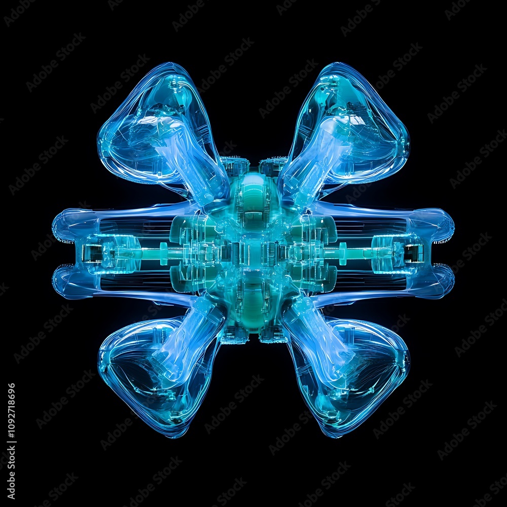 Poster abstract futuristic design featuring blue translucent shapes arranged in a symmetrical pattern, conv