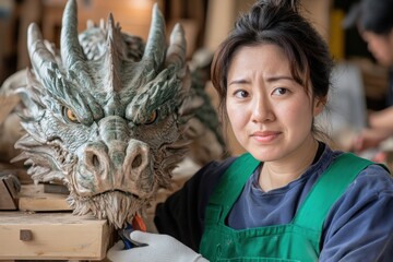 Obraz premium Behind-the-Scenes Skilled Performers Meticulously Repairing a Majestic Dragon Tail in a Traditional Japanese Workshop, Showcasing the Intense Dedication and Artistry Involved in Bringing Mythical