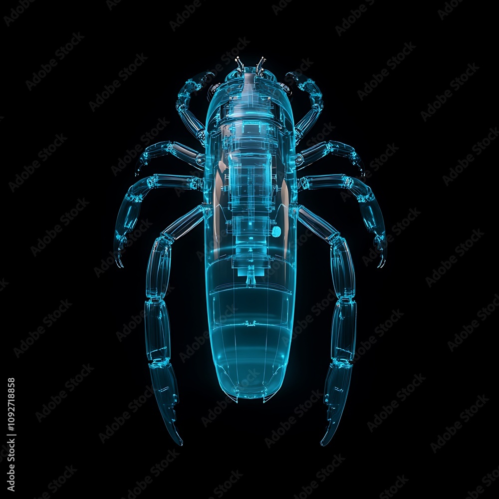 Poster blue transparent x-ray illustration of an insect with detailed anatomy and features displayed, showc