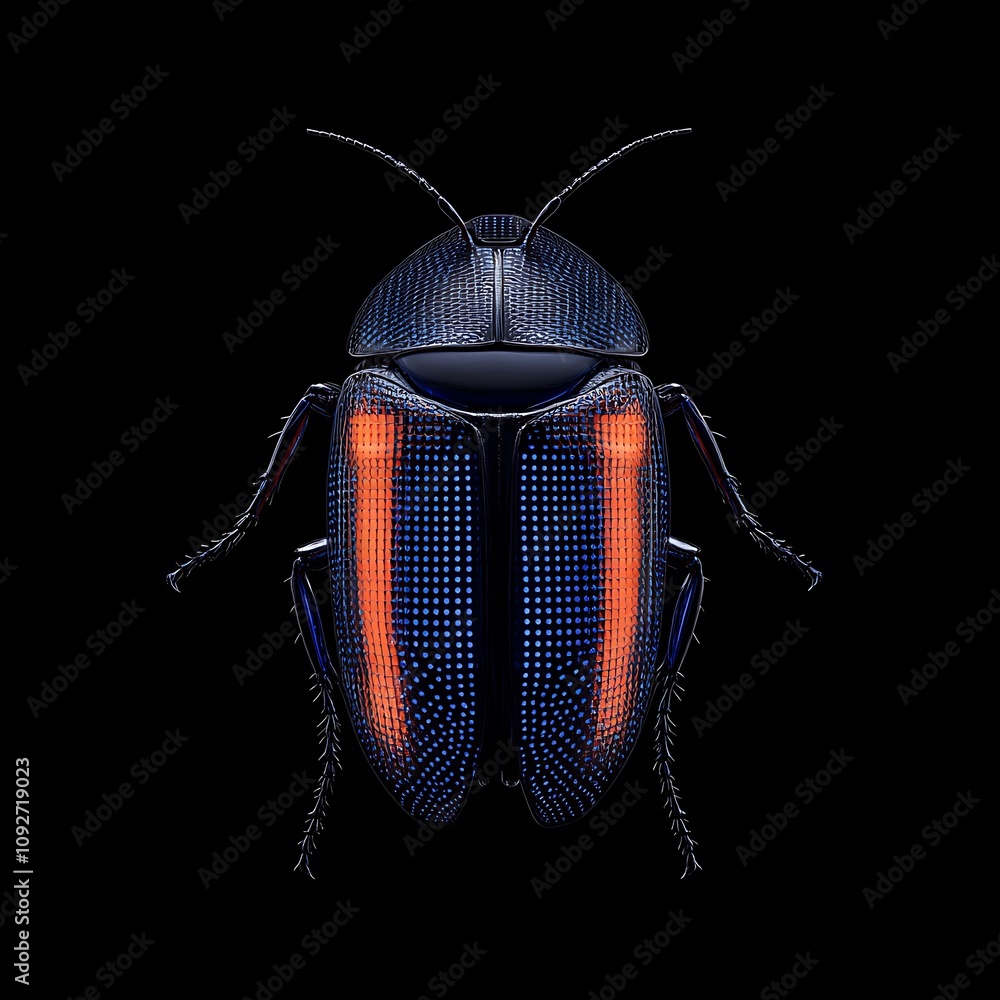 Poster close-up of an intricate beetle with blue and orange patterns on a black background, showcasing deta