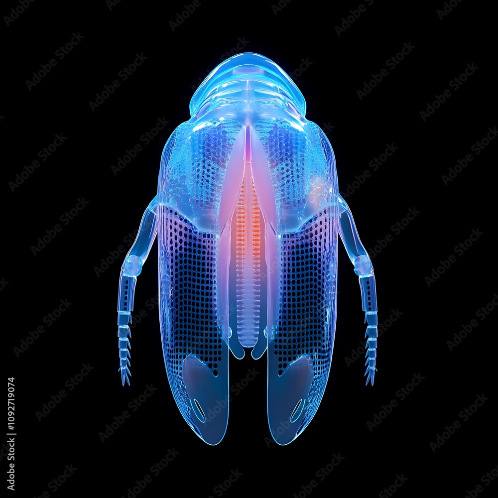 Poster colorful and detailed macro illustration of a transparent beetle with vivid patterns and luminescent