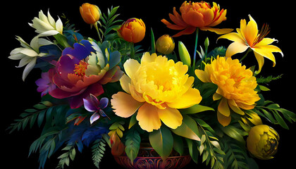 Luxurious Floral Arrangement Illustration with Peonies, Yellow Roses, Lilies, and Tropical Foliage on Dark Background.