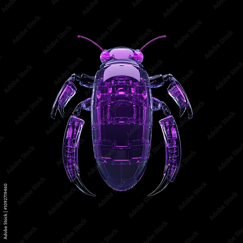 Poster detailed and colorful 3d render of an insect with transparent structure and artistic purple hue, sho