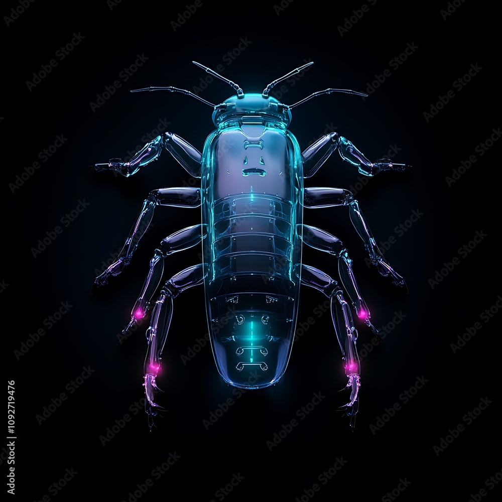 Poster detailed and colorful render of a futuristic insect with neon glow and intricate patterns on a dark 