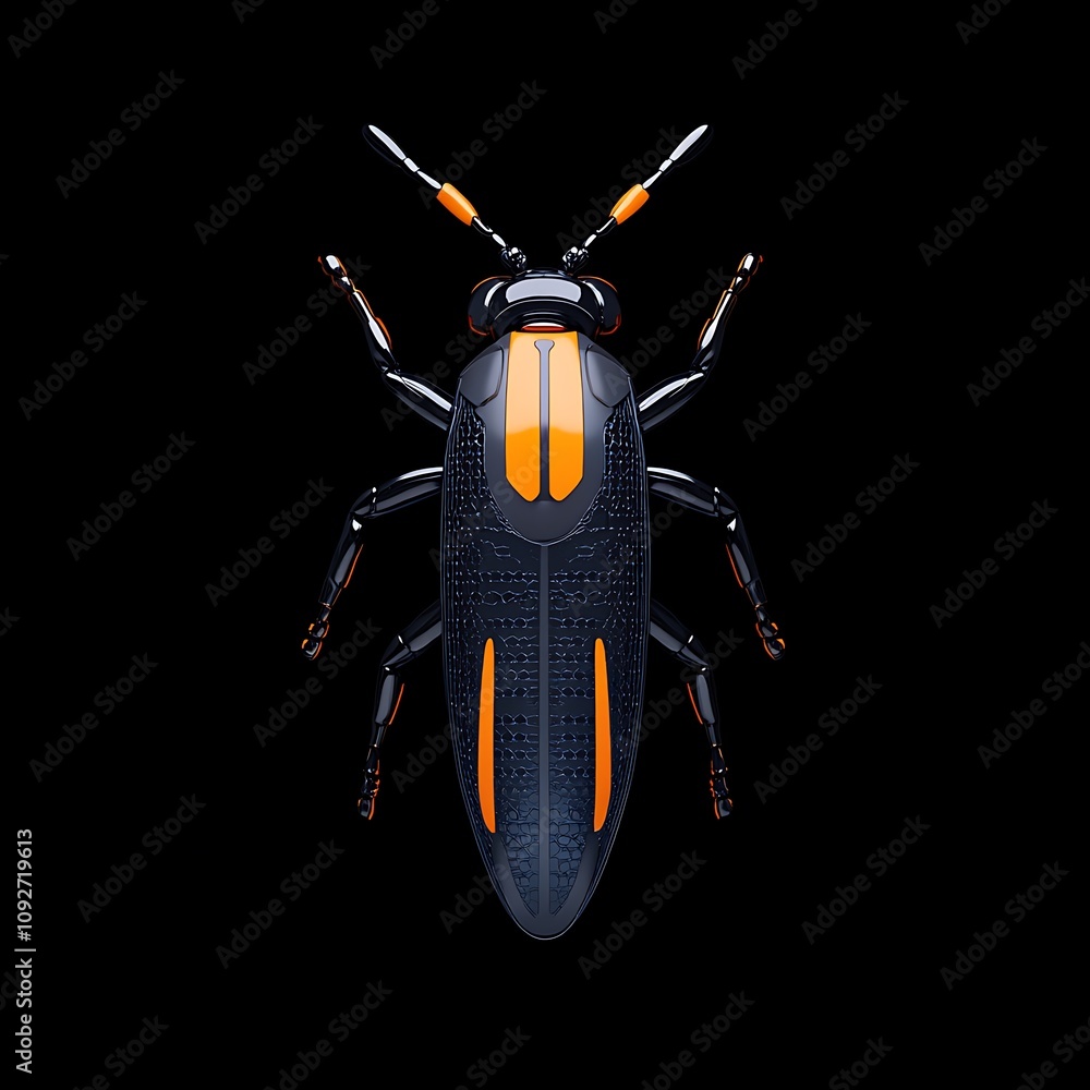 Poster detailed close-up of a colorful insect with striking orange and black patterns on a dark background 
