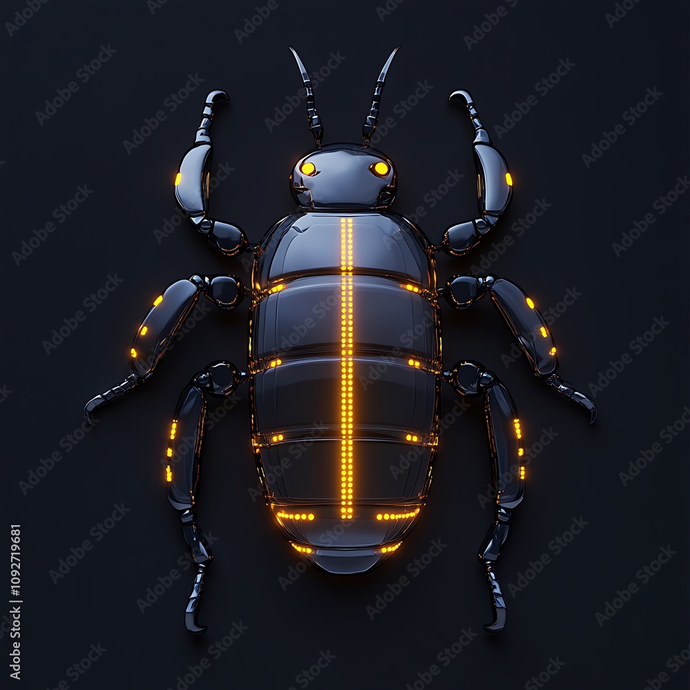 Poster detailed close-up of a futuristic robotic beetle featuring metallic surface and glowing elements on 