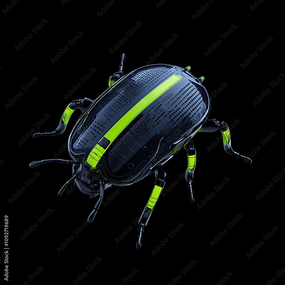 Poster detailed close-up of a high-tech futuristic beetle model with shiny black and neon green elements sh