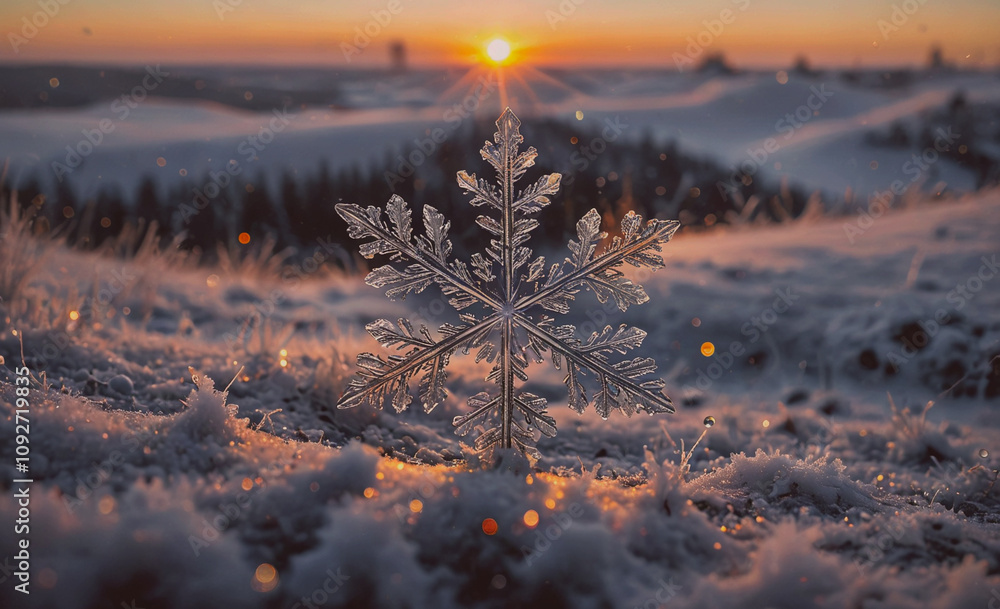 Poster Snowflake is on the ground in front of a sunset. The snowflake is in the center of the image
