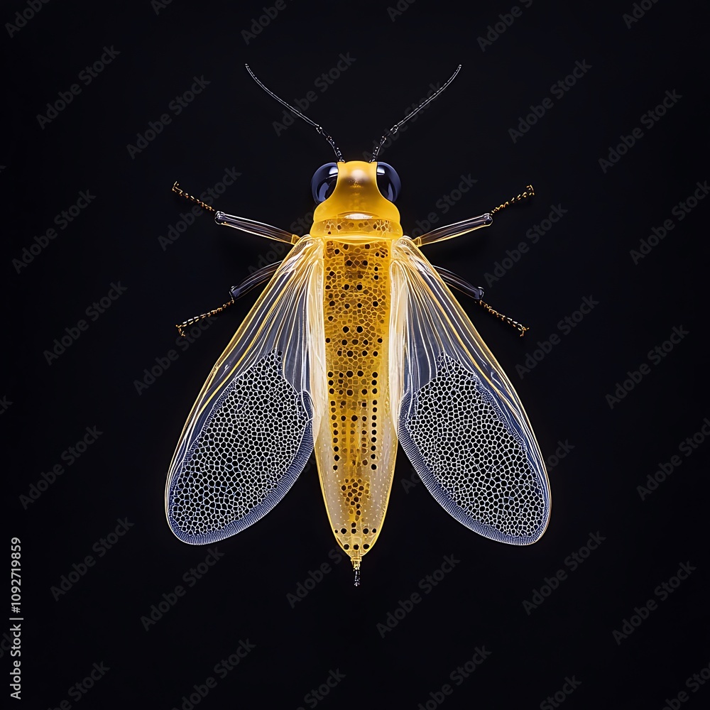 Poster detailed close-up of a vibrantly colored insect with intricate wing patterns against a dark backgrou