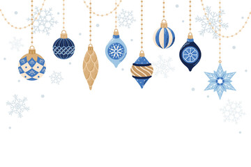 Cute hanging decorations, Christmas template for card and banner. Vector illustration in flat cartoon style