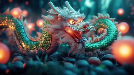 Obraz premium Spectacular Nighttime Dragon Dance Performance A mesmerizing display of artistry and cultural heritage, featuring a vibrant dragon dance troupe illuminated by the warm glow of glowing lanterns during