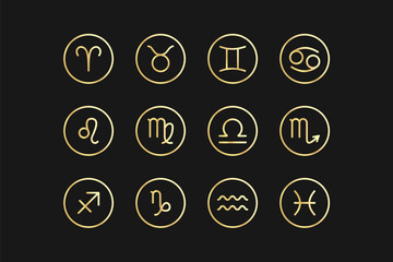 Golden astrological symbols of the twelve zodiac signs on a black background.