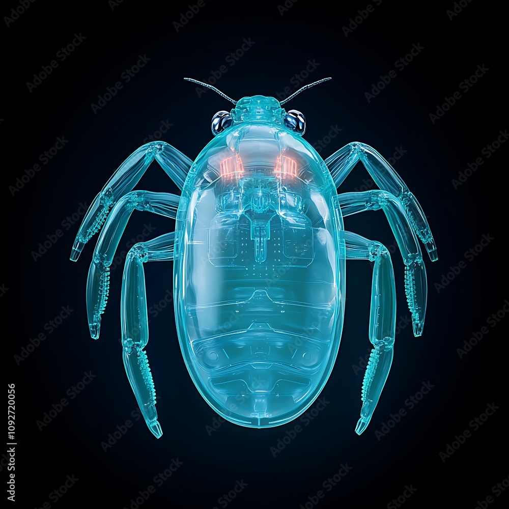 Poster detailed transparent illustration of a digital tick with highlighted features and a dark background 