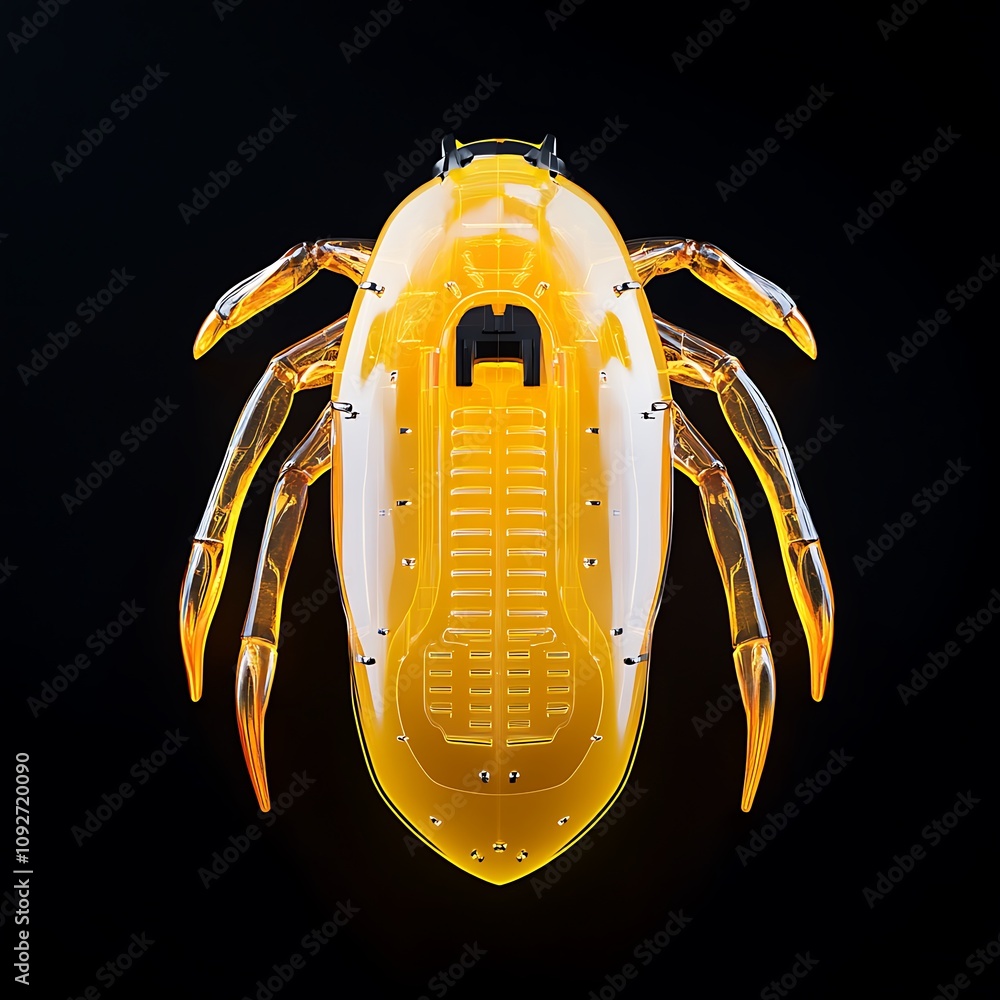 Poster detailed view of a high-tech transparent robot insect with intricate design on a black background, s