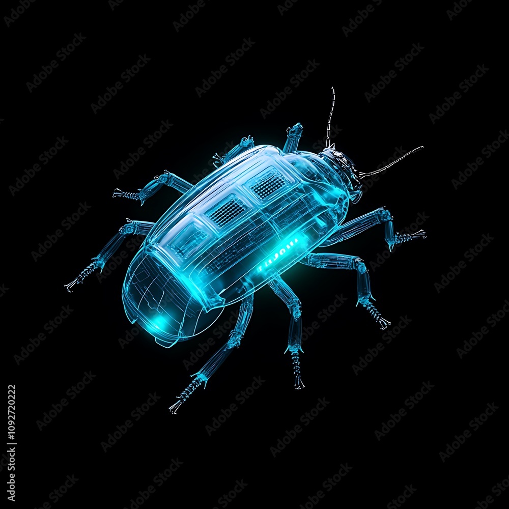 Poster fascinating digital render of a beetle with luminous effect showcasing intricate details and high-te