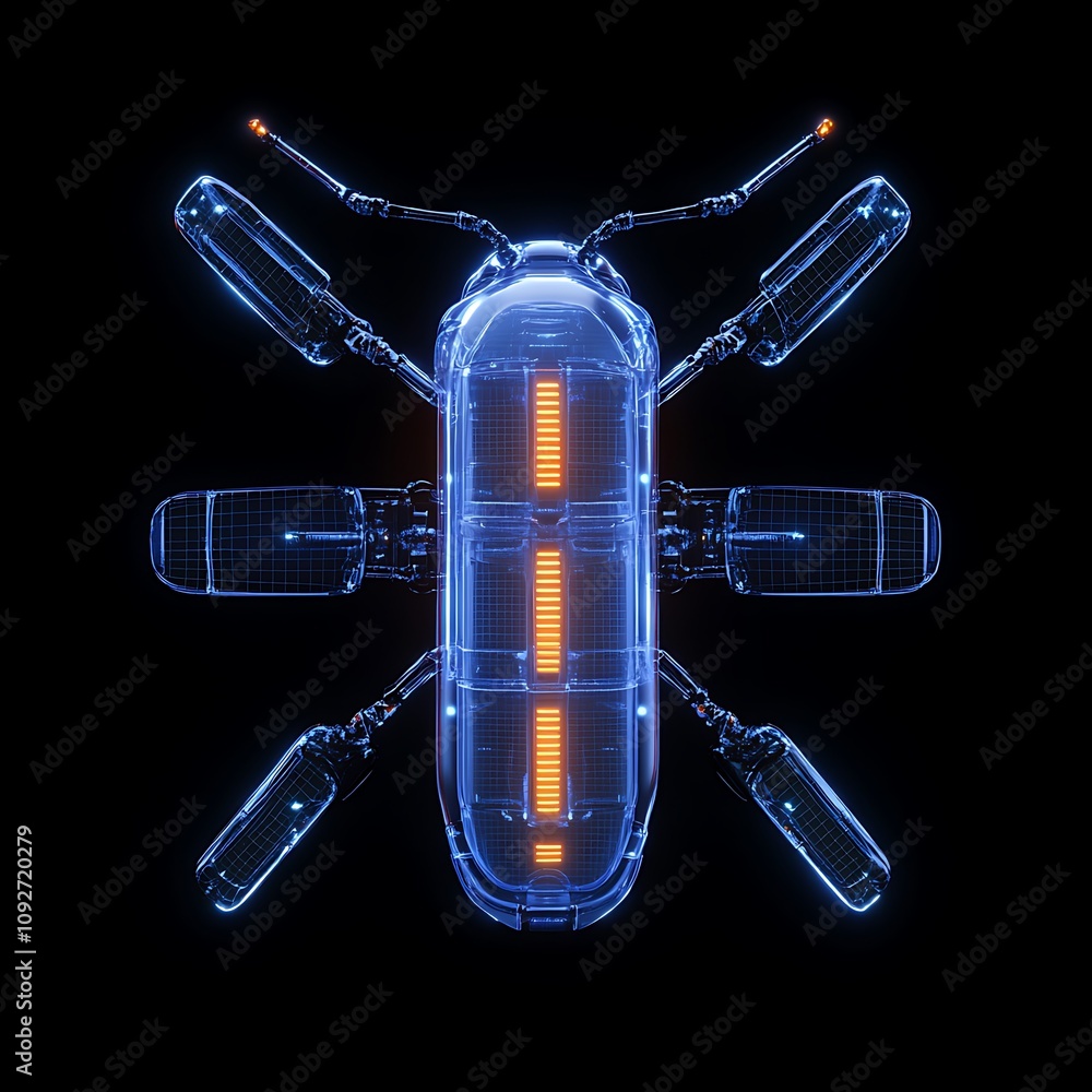 Poster futuristic 3d render of a high-tech autonomous vehicle with neon glow and modern design elements in 