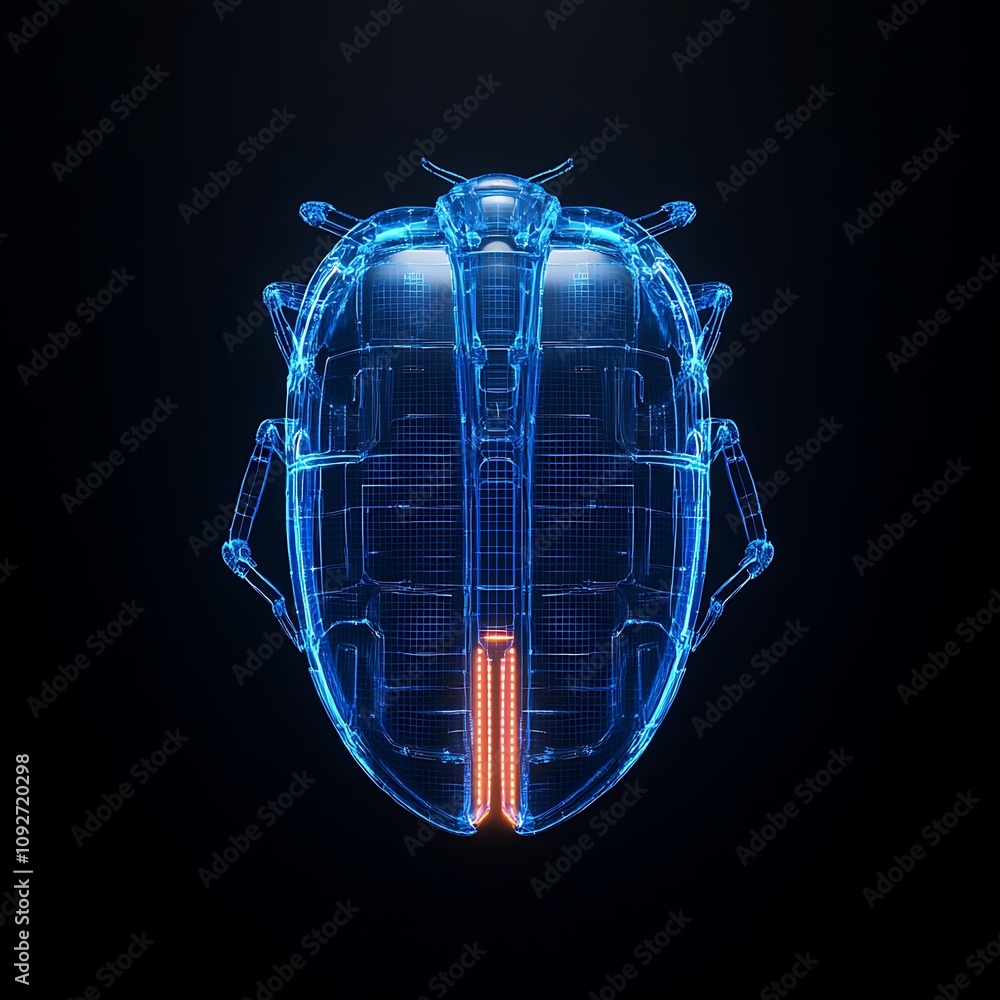 Poster futuristic 3d model of a beetle with neon glow effect on dark background suitable for technology and