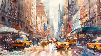 Wandcirkels Aquarelschilderij wolkenkrabber A watercolor painting of a bustling city street, featuring yellow cabs and tall buildings.  © Galib