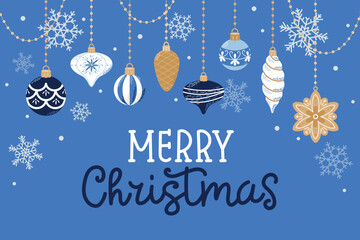 Merry Christmas, greeting card with cute hanging decorations and hand drawn lettering. Vector illustration in flat cartoon style