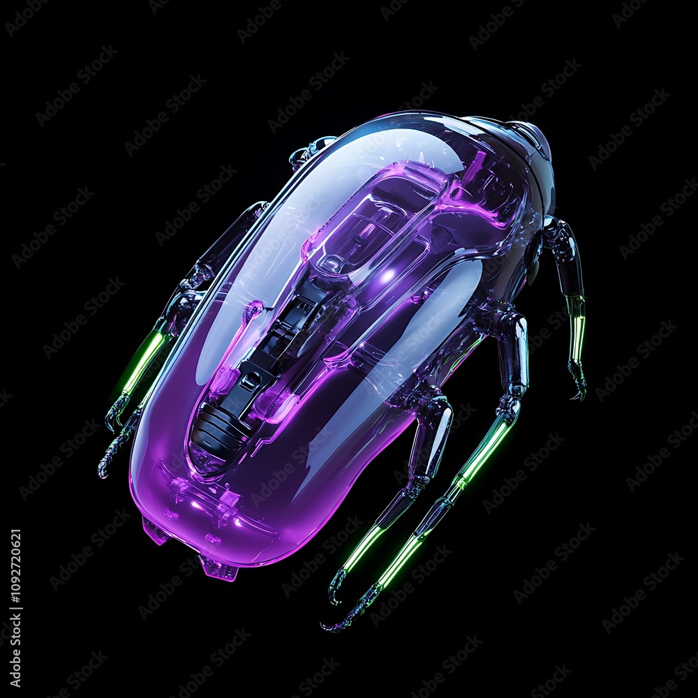 Poster futuristic biomechanical creature with vibrant neon enhancements, displaying intricate design elemen