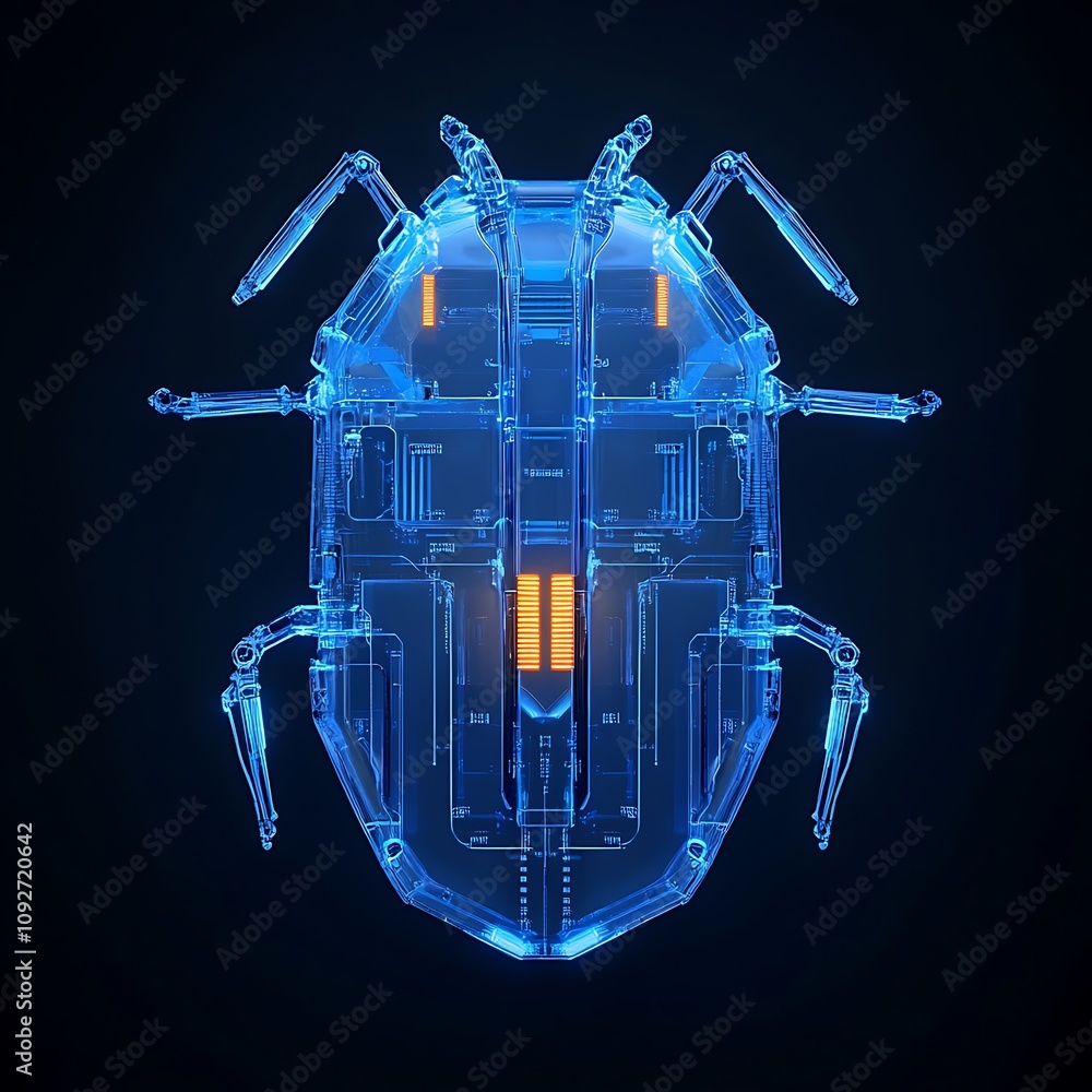 Poster futuristic blue beetle with circuit patterns in neon glow against dark background representing innov