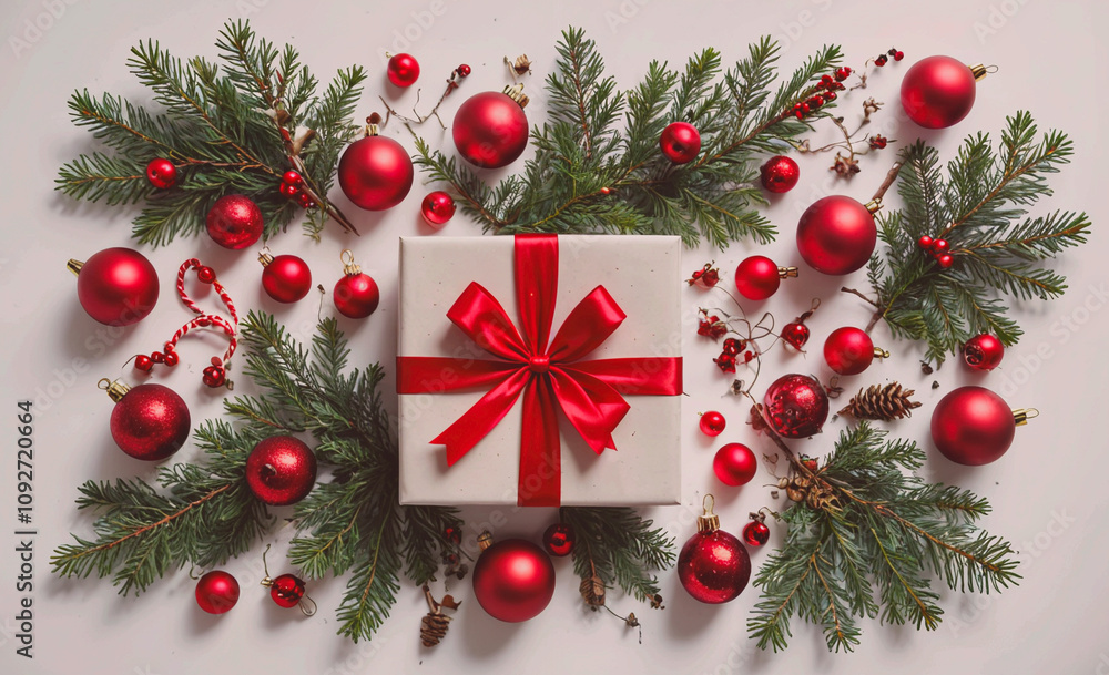 Poster white box with a red bow sits on a table with many red and green decorations. the box is surrounded 