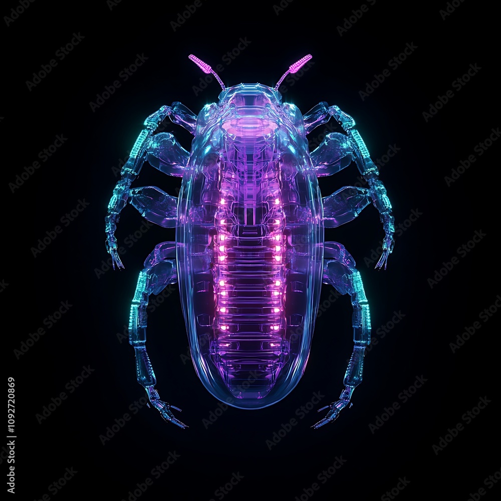Poster futuristic bug design in neon colors with glowing effects and high-tech features, representing innov