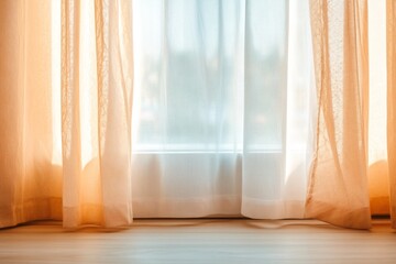 A soft and dreamy aesthetic scene of golden hour sunlight streaming through lace curtains in a cozy room