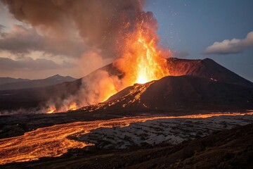 Fototapeta premium A wall of flame rises from the volcano during an eruption, volcanic ash, fiery clouds, natural disaster, geological phenomenon, burning earth